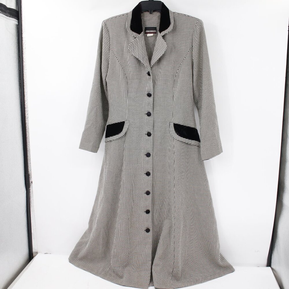 Vintage John Roberts dress womens 10‎ Houndstooth Velvet trim Button front maxi
